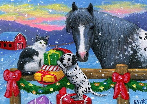 575x410 Cat Dalmatian Dog Appaloosa Horse Christmas Gifts Farm Original - Christmas Horse Painting