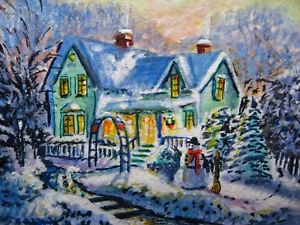 300x225 Watercolor Painting Winter Snow Snowman Christmas House Nature - Christmas House Painting