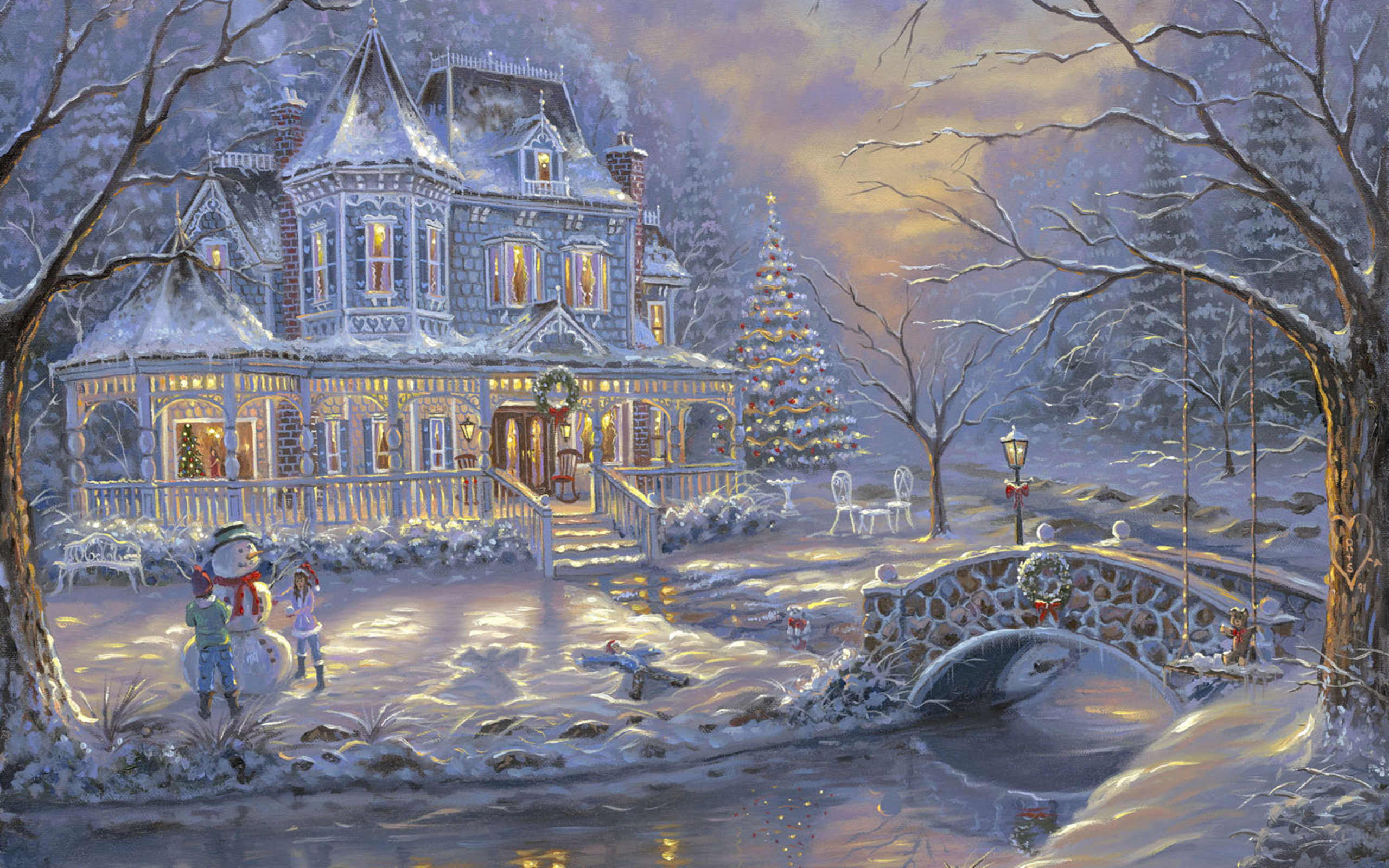 2560x1600 Christmas House With Snowman Painting Backgroundu200b Gallery - Christmas House Painting