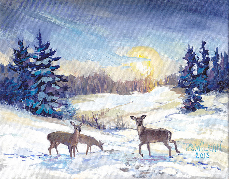 900x704 Deer In Winter Landscape Painting By Peggy Wilson - Christmas Landscape Painting