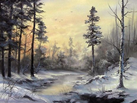 464x350 Winter Christmas Landscape In Oils. Kevin Hill Oil Painting - Christmas Landscape Painting