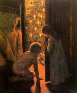 250x300 Christmas Morning Children Spying Presents Tree Painting By Henry - Christmas Morning Painting