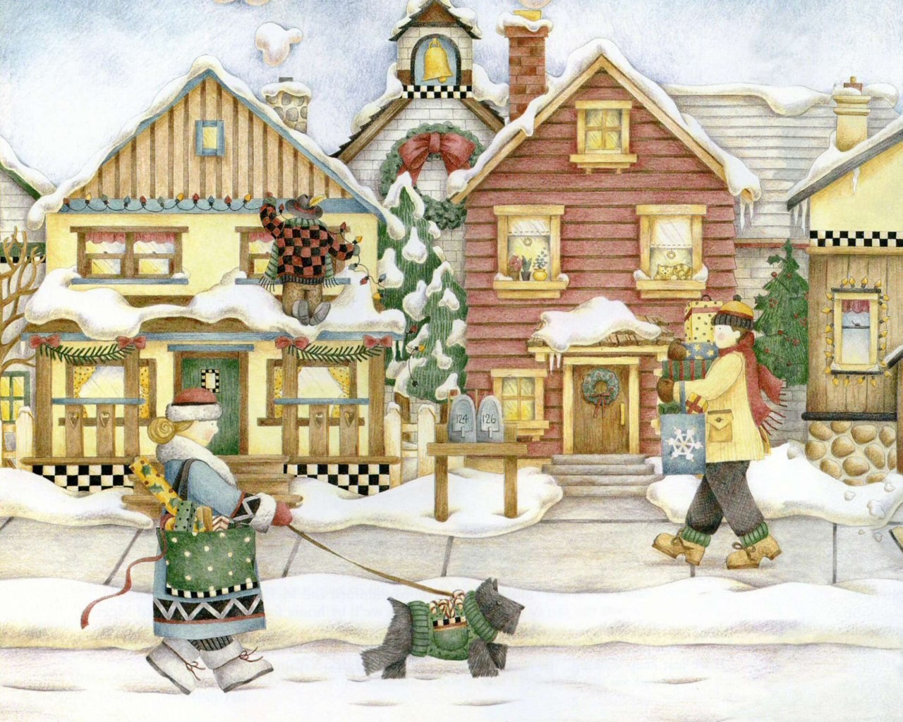 1280x1024 Houses Christmas Morning New Year Winter Painting Vintage Snow - Christmas Morning Painting