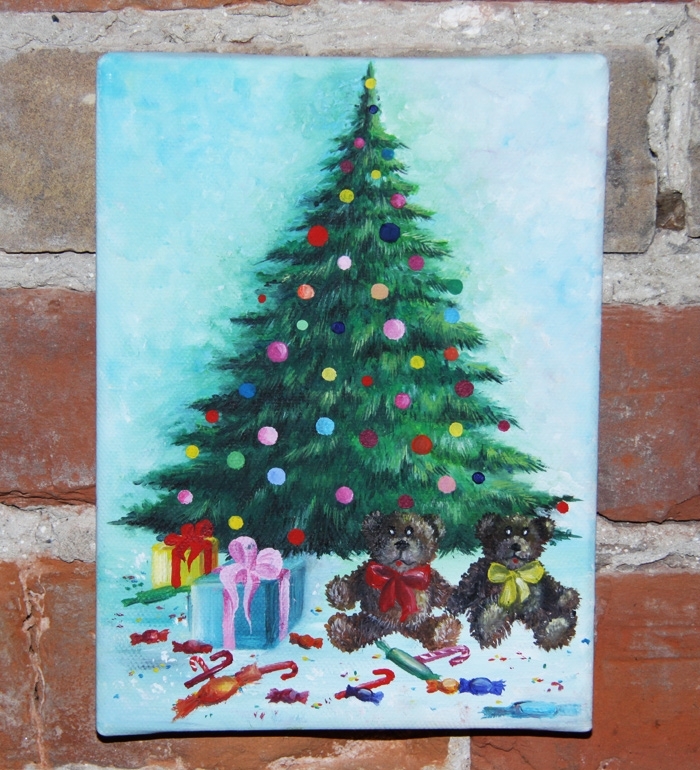 700x770 Christmas Tree With Gifts Acrylic Painting On Canvas By Christina - Christmas Ornament Painting On Canvas