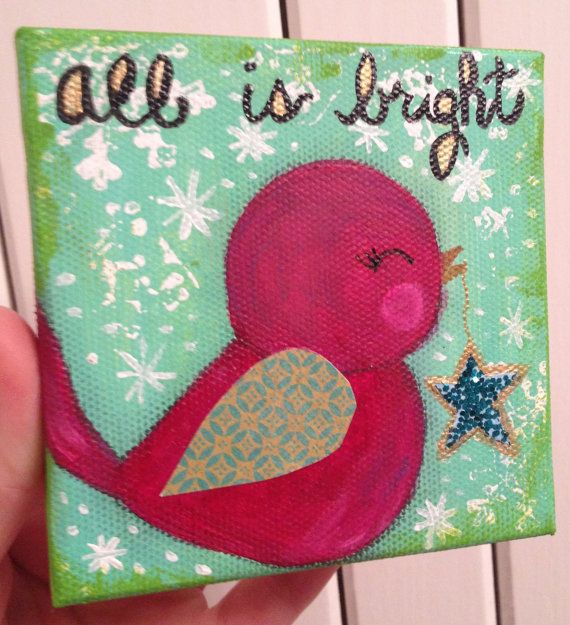 570x625 Holiday Red Bird Christmas Painting, Ornament, Mini Canvas, 4x4 - Christmas Ornament Painting On Canvas