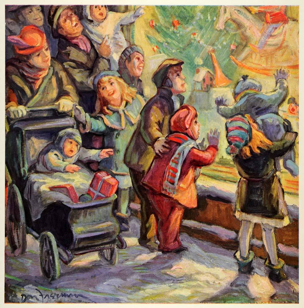 1000x1012 1945 Print Christmas Window Shopping Children Chicago Don Freeman - Christmas Painting For Children