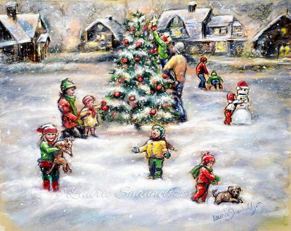 570x452 Print Christmas Painting Christmas Tree Snow Holiday Art - Christmas Painting Games