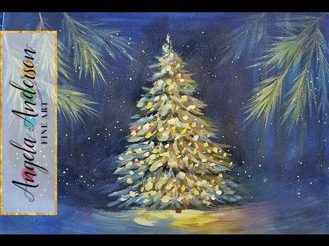 480x360 Snowy Christmas Tree Glowing - Christmas Painting Images