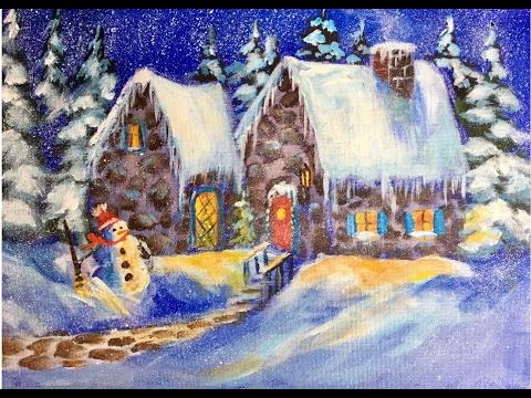 480x360 Beginners Christmas Snow Cottage Acrylic Painting Tutorial - Christmas Painting Images