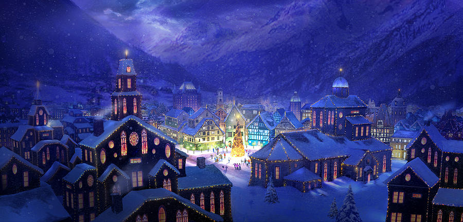 900x432 Christmas Town Painting By Philip Straub - Christmas Painting Pictures