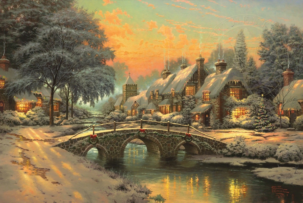 1200x804 Cobblestone Christmas Limited Edition Art The Thomas Kinkade - Christmas Painting Pictures
