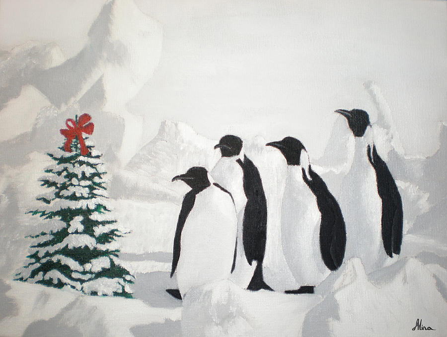 900x679 Christmas Penguins Painting By Alina Kaplanov - Christmas Penguin Painting