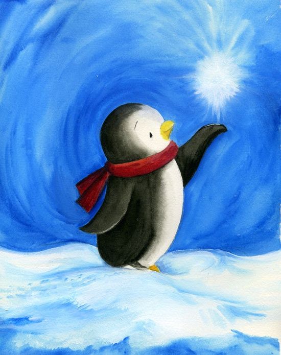 550x695 Penguin And Star Drawing Painting Art Penguins - Christmas Penguin Painting