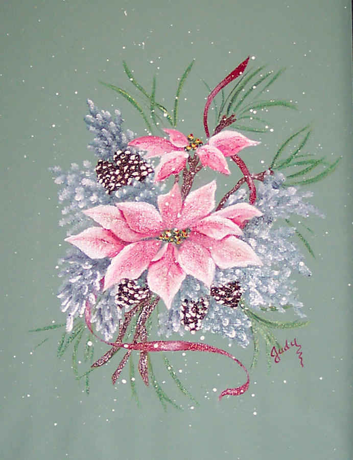 691x900 Pink Poinsettia With Pine Cones Painting By Judy Moses - Christmas Poinsettia Painting