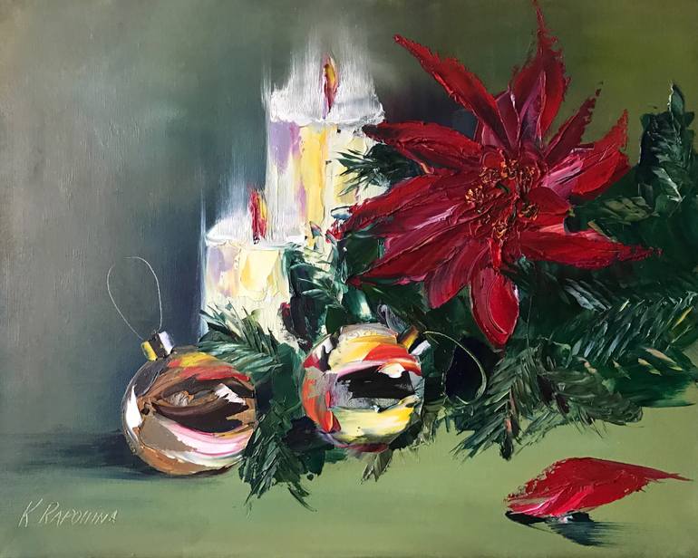 770x616 Saatchi Art Christmas Poinsettia Painting By Kristine Rapohina - Christmas Poinsettia Painting