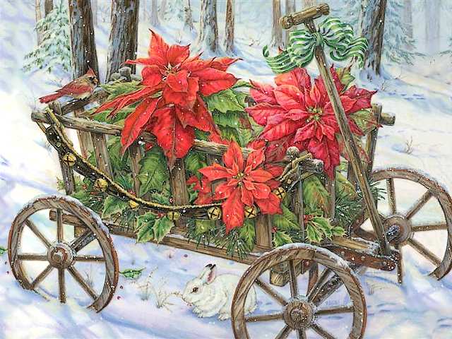 640x480 Christmas Cart With Poinsettia By Donna Race - Christmas Poinsettia Painting