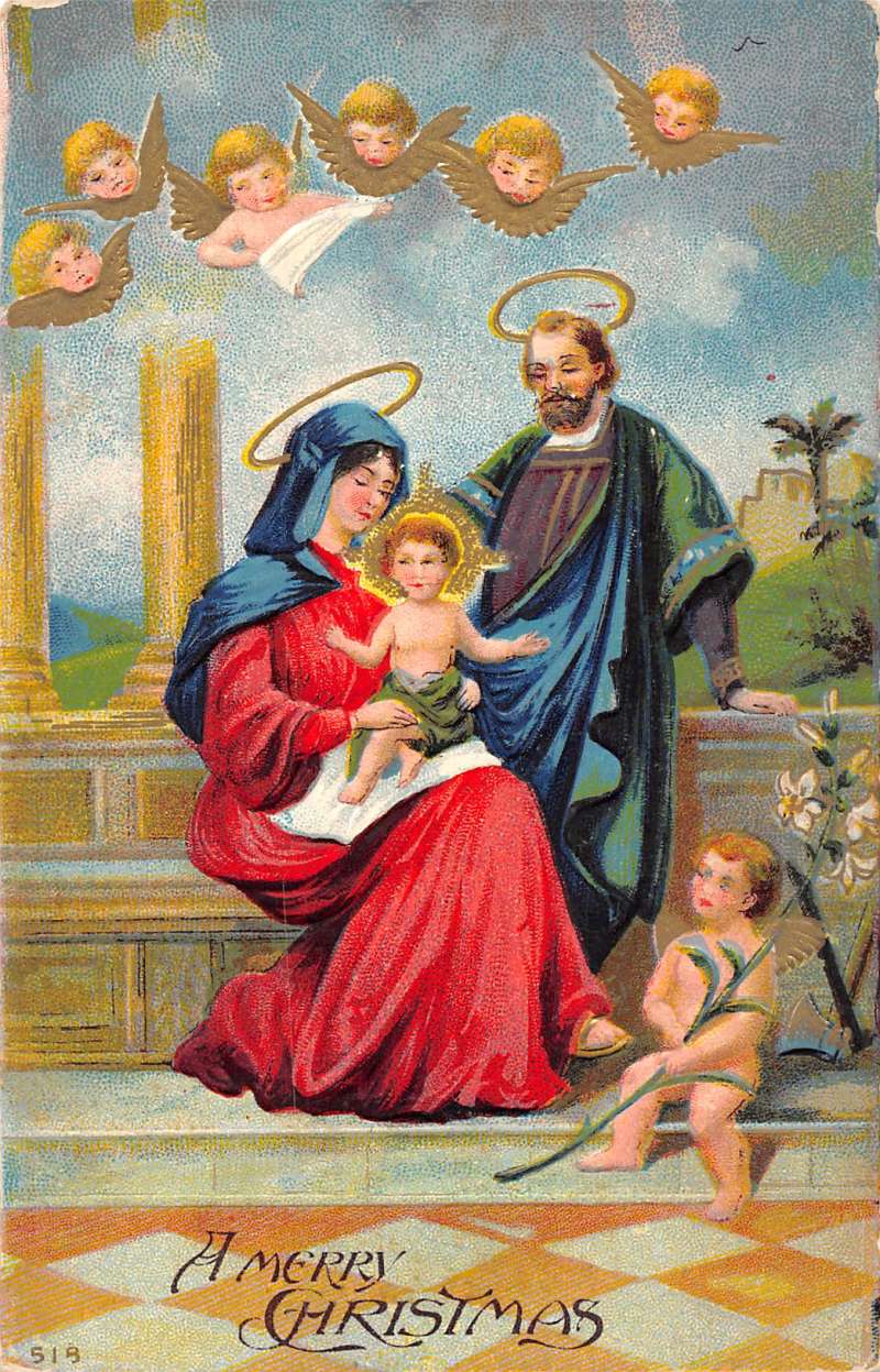 800x1247 Merry Christmas Religious Jesus Angels Antique Postcard K41579 - Christmas Religious Painting