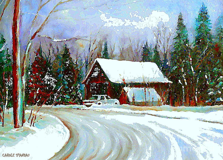 900x647 Christmas Trees Cozy Country Cabin Painting Winter Scene Quebec - Christmas Scene Painting