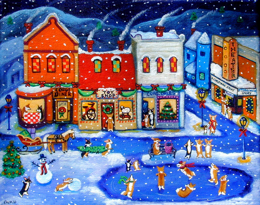900x709 Corgi Christmas Town Painting By Lyn Cook - Christmas Town Painting
