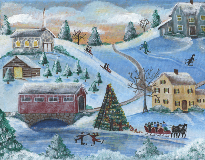 800x622 Old Town Christmas Tree Folk Art Painting Sold - Christmas Town Painting