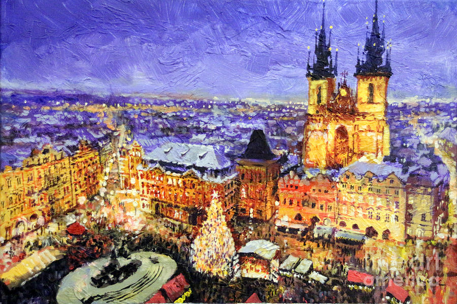 900x599 Prague Old Town Square Christmas Market Painting By Yuriy Shevchuk - Christmas Town Painting