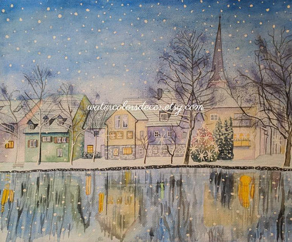 570x473 Snow Scene Watercolor Print Giclee Christmas Town Winter - Christmas Town Painting