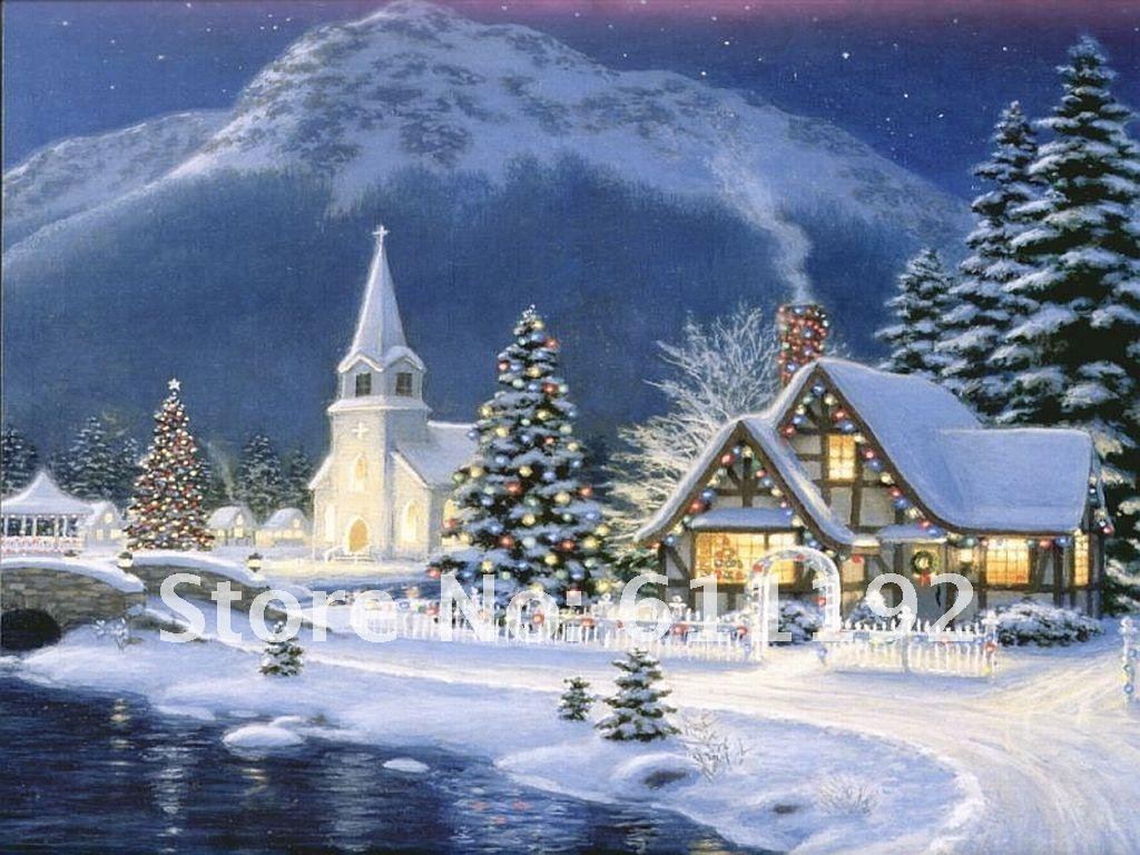 1024x768 Thomas Kinkade Art Oil Painting Painting Repro Christmas Village - Christmas Town Painting