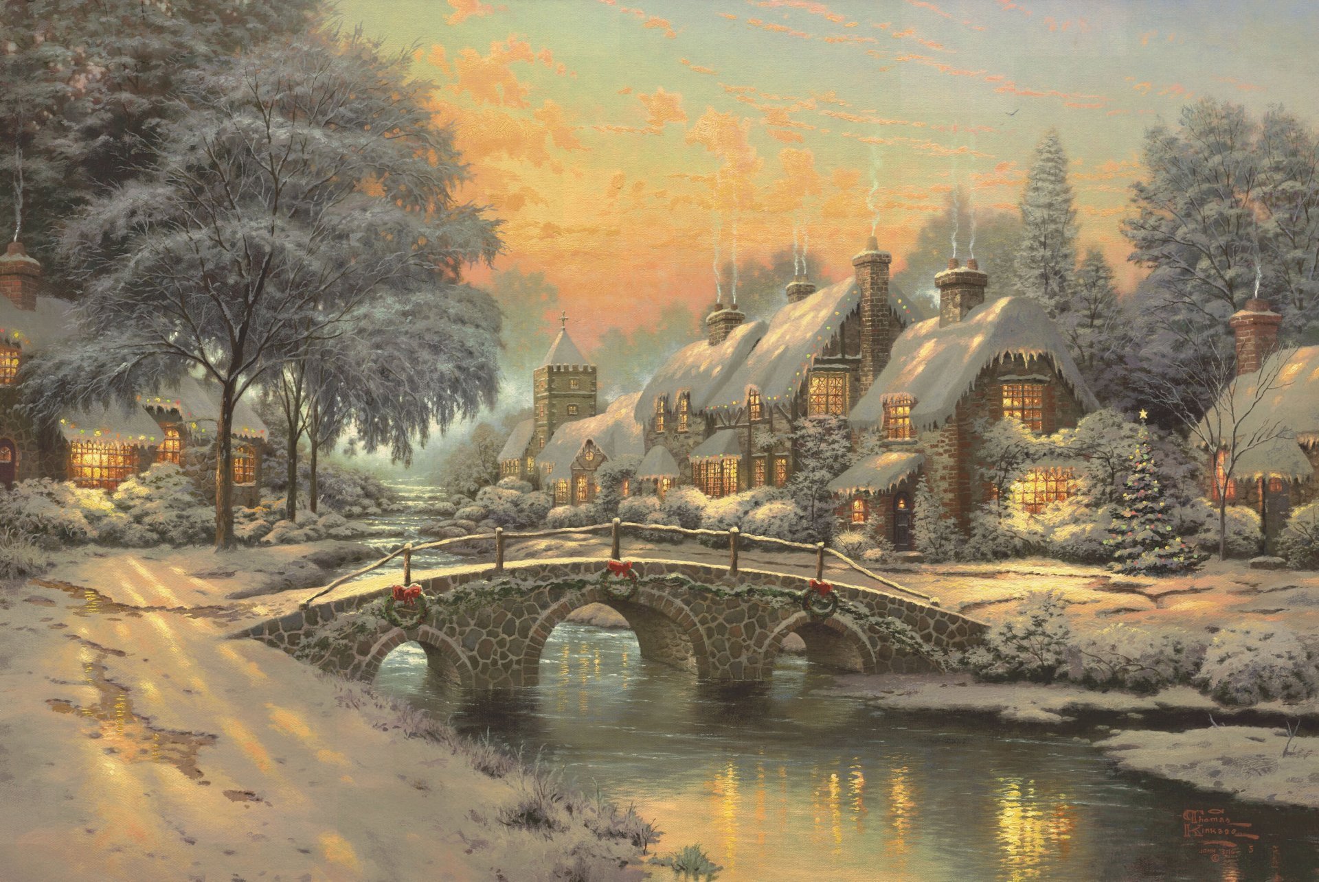 1920x1285 Christmas Town Homes Painting Thomas Kinkade Hd Wallpaper - Christmas Town Painting