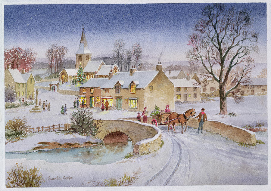 900x635 Christmas Eve In The Village Painting By Stanley Cooke - Christmas Town Painting