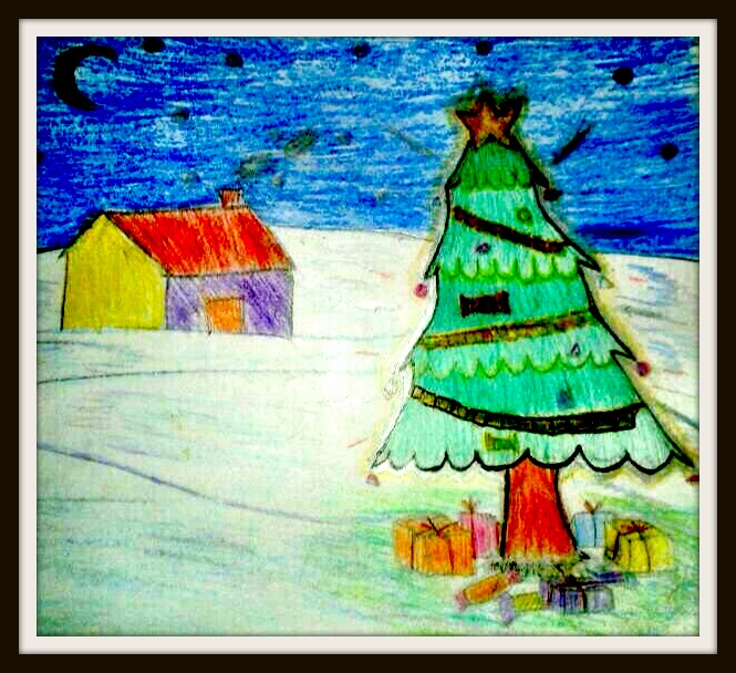665x608 Christmas Tree In Oil Pastels - Christmas Tree Painting For Kids