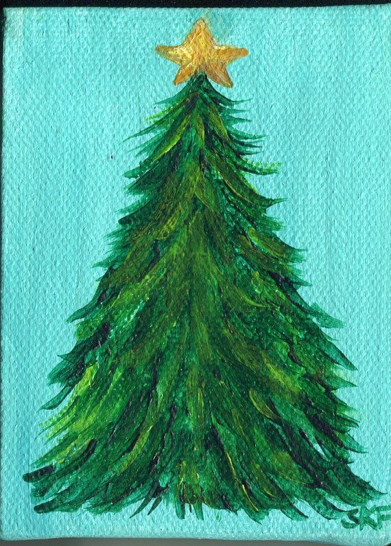 570x795 Original Christmas Tree Painting On Mini Canvas By Sharonfosterart - Christmas Tree Painting On Canvas