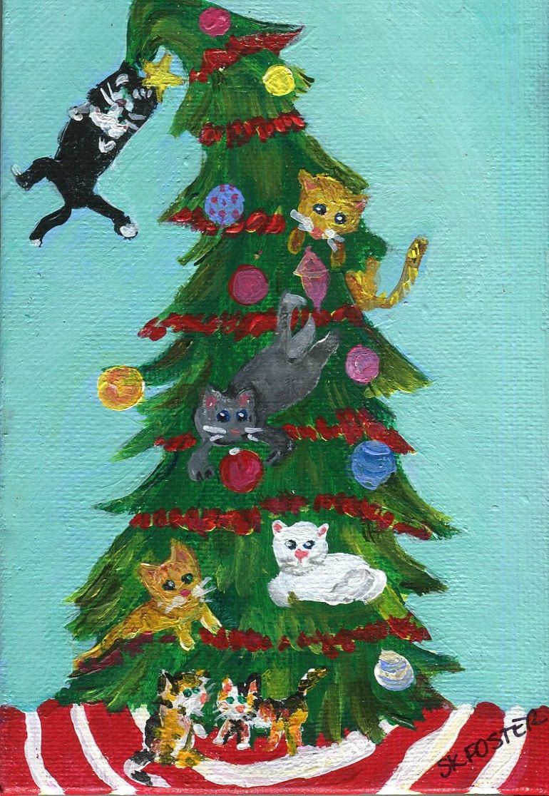 770x1116 Christmas Cats Painting, Cats In Christmas Tree Painting On Canvas - Christmas Tree Painting On Canvas