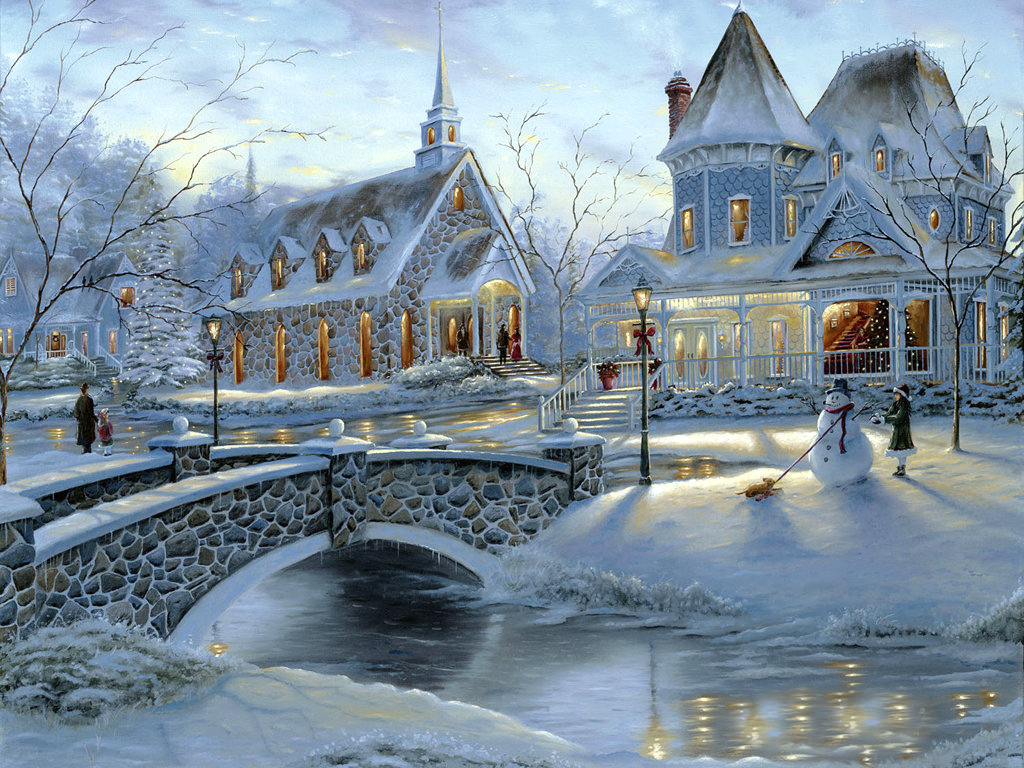 1024x768 Christmas Painting For Desktops, Painting Christmas Holiday Home - Christmas Vacation Painting