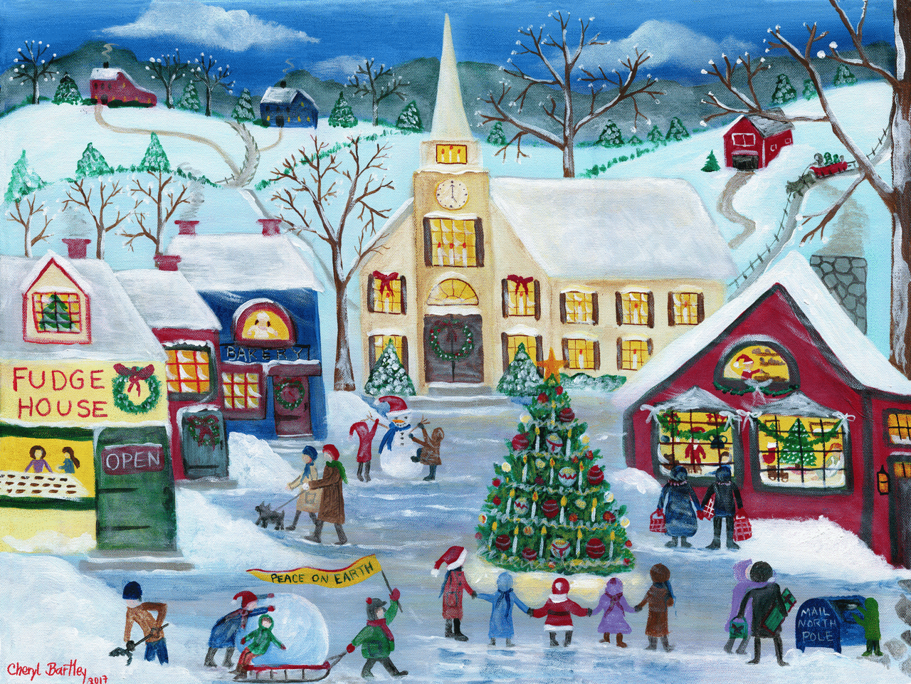 1280x961 Christmas Folk Art Painting Church Shopping - Christmas Village Painting