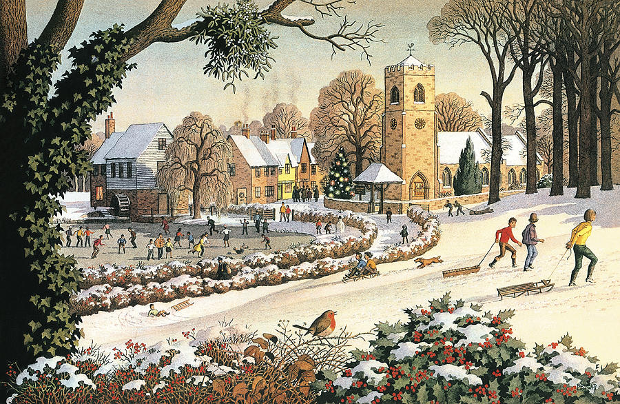 900x586 Focus On Christmas Time Painting By Ronald Lampitt - Christmas Village Painting