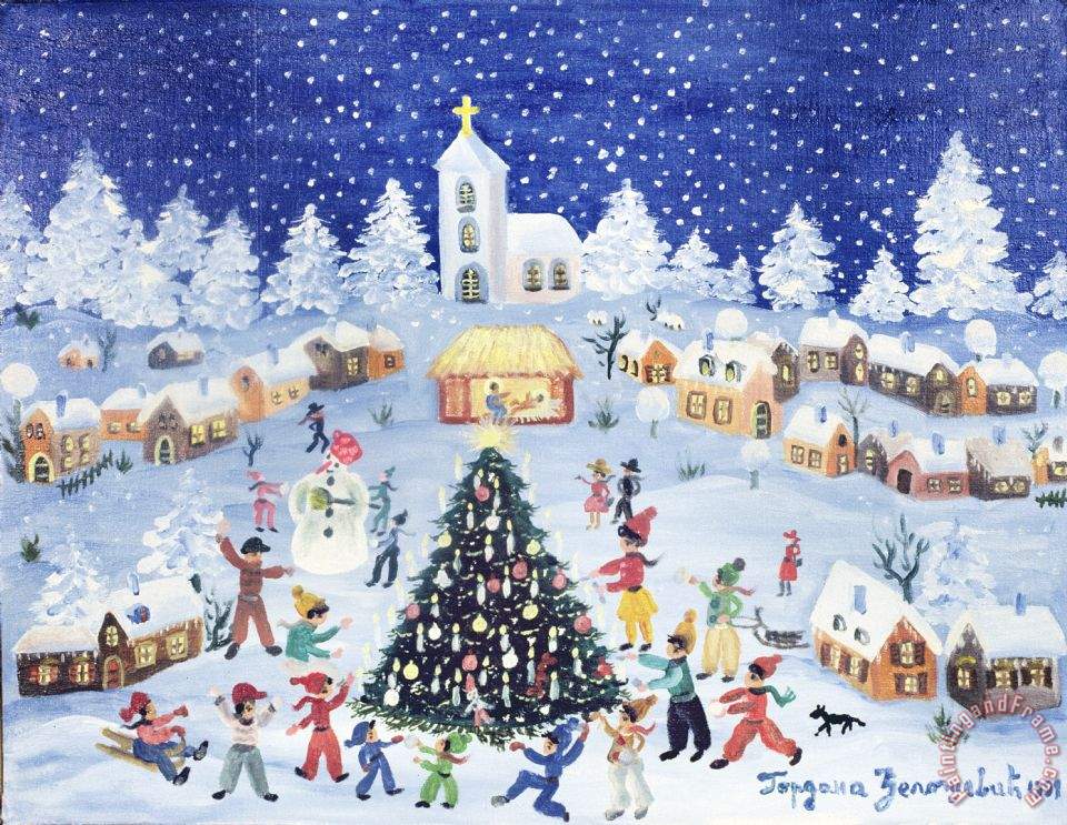 960x743 Gordana Delosevic Snowy Christmas In A Village Square Painting - Christmas Village Painting