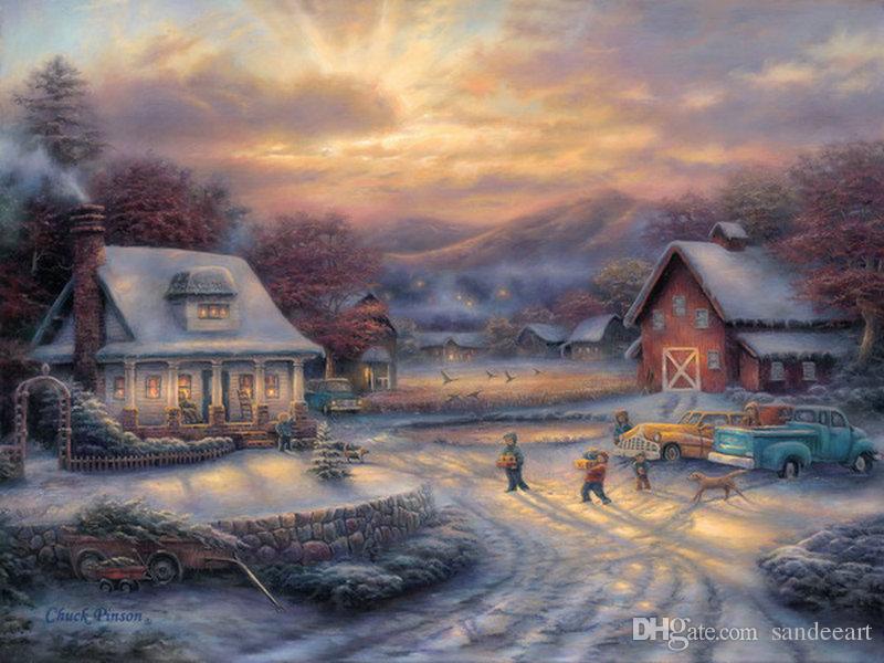 800x600 Online Cheap Thomas Kinkade Landscape Oil Painting Christmas - Christmas Village Painting
