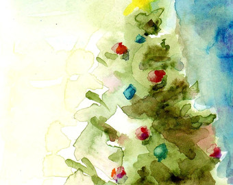340x270 Little Christmas Tree Print Original Watercolor Olive Green - Christmas Watercolor Painting