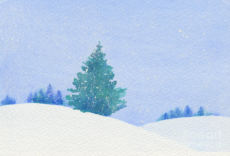 900x610 Watercolor Of A Single Christmas Tree In A Snowy Landscape - Christmas Watercolor Painting