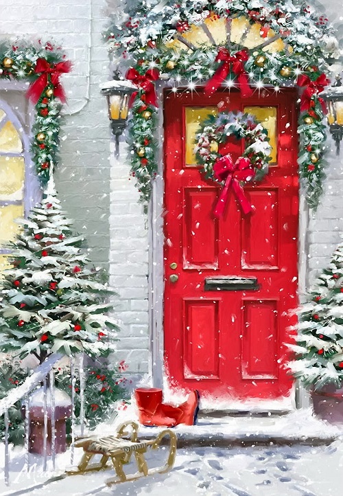 500x722 Christmas Door. Painting By Richard Macneil - Christmas Wreath Painting