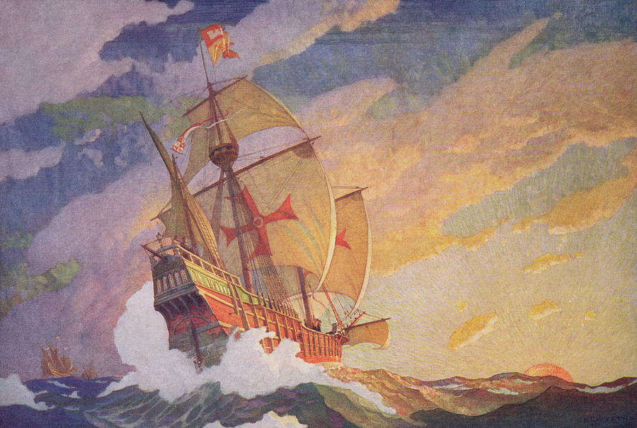 900x605 Columbus Crossing The Atlantic Painting By Newell Convers Wyeth - Christopher Columbus Ship Painting