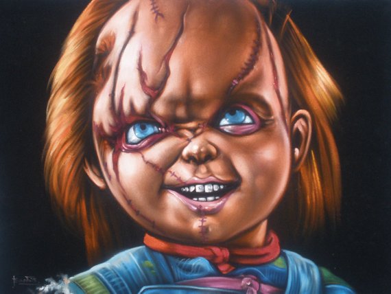 570x428 Chucky Childs Play Evil Doll Black Velvet Oil Painting - Chucky Painting