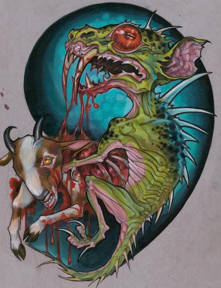 450x586 Powerline Tattoo Original Art Tattoo Flash Design Chupacabra - Chupacabra Painting