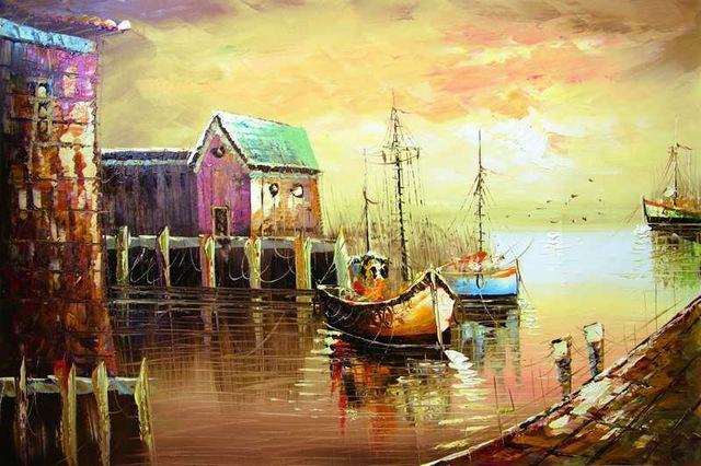 640x426 Hot Sale Paintings Sunset Dusk Sea View Oil Painting Village, High - Church Painting