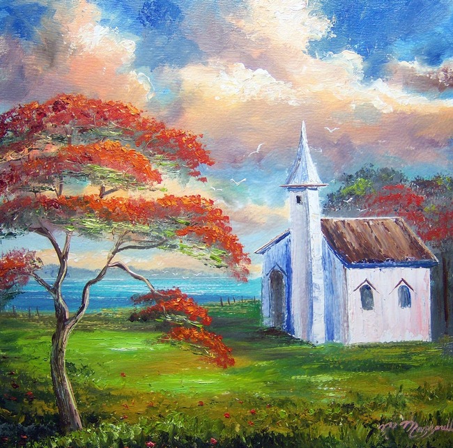 650x643 Old Church And Royal Poinciana Tree By Mazz Original Paintings - Church Painting