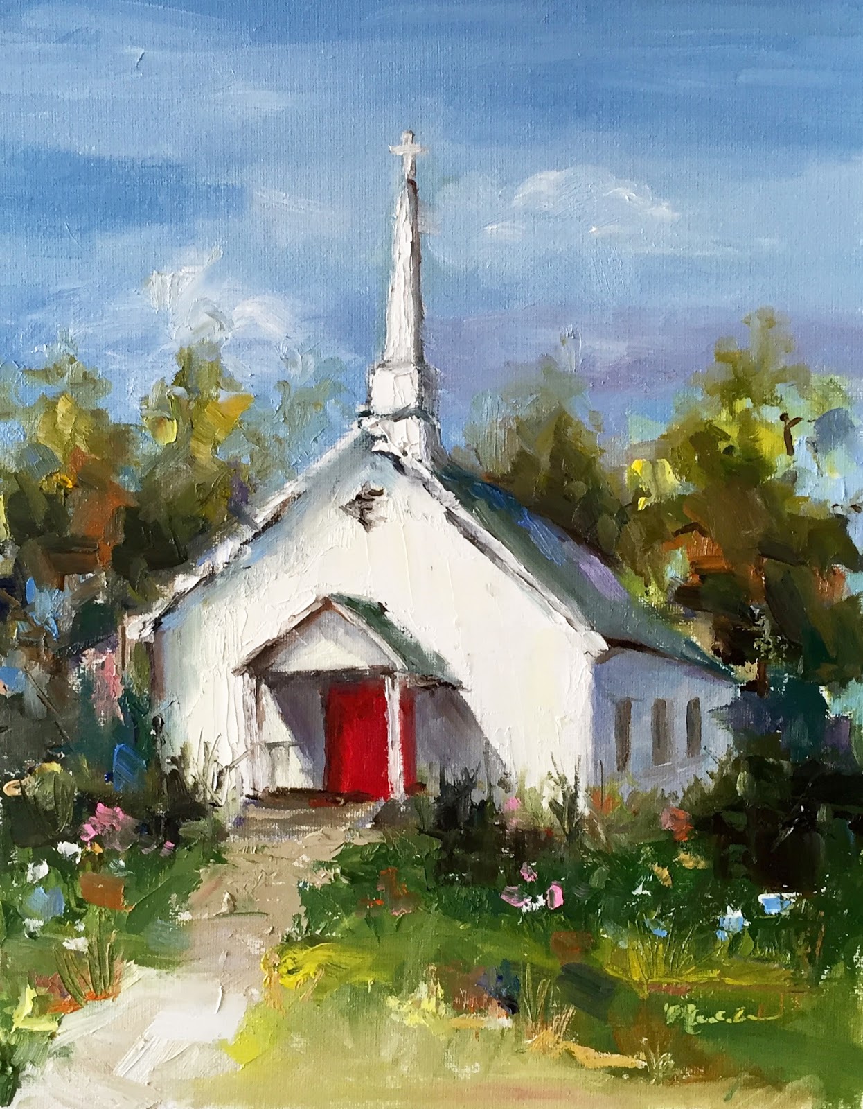 1246x1600 Painting By The Lake Little White Church - Church Painting