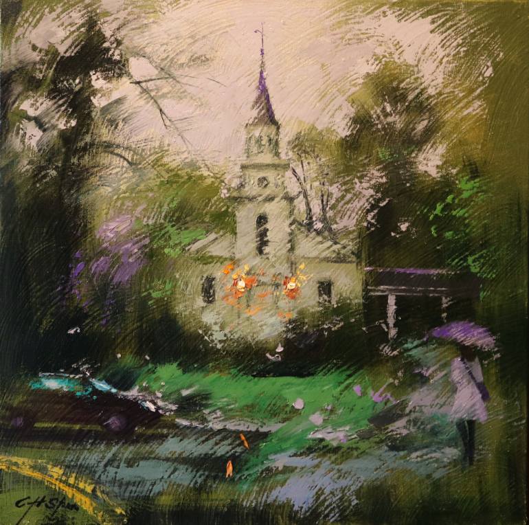 770x764 Saatchi Art Spring Rain And White Church Painting By Chin H Shin - Church Painting