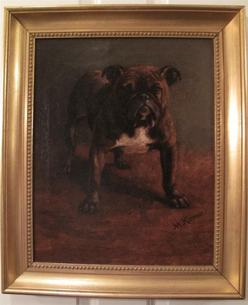 488x599 Toy Bulldog, Oil On Canvas Painting By Marguerite Kirmse Rare - Churchill Bulldog Painting