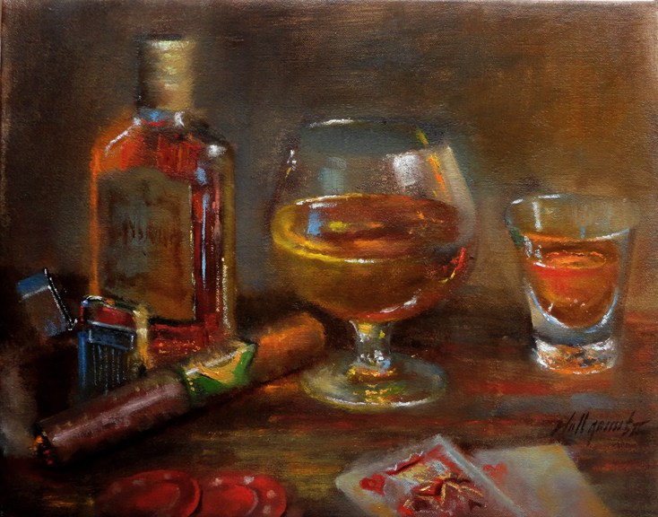 734x576 Cigar Bar Paintings, Whiskey With Cigar, Poker Chips Learn - Cigar Bar Painting