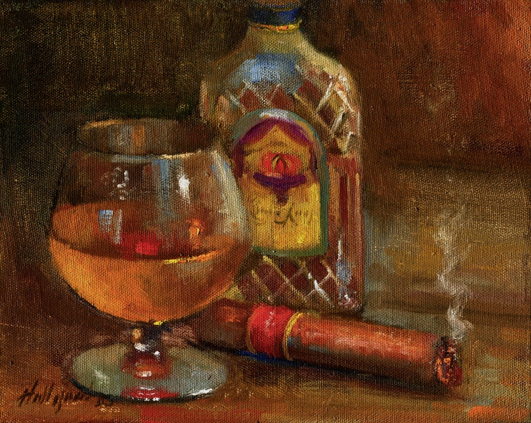 753x600 Crown Royal Whiskey With Cigar 8 X10 In. Original Oil Canvas By - Cigar Painting